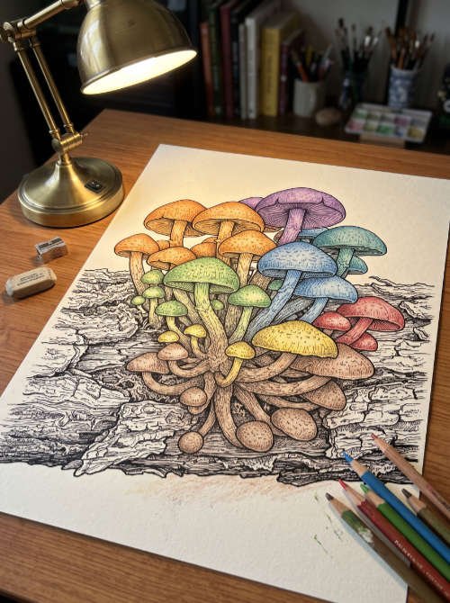 Mushrooms growing on garden log